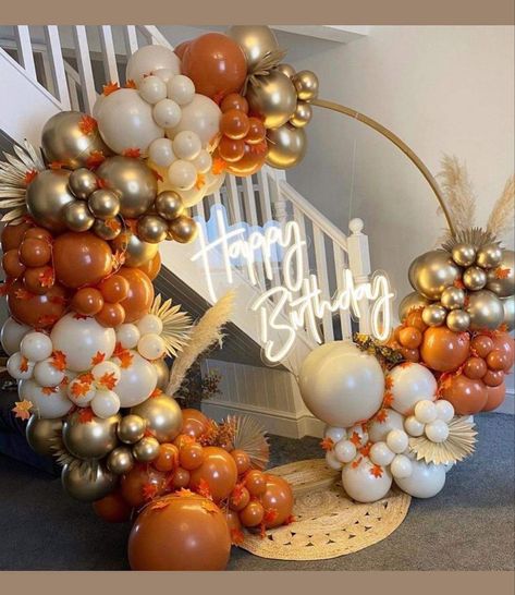 Orange And Gold Dessert Table, Diy Balloon Arch Backdrop, Pedestal Table Decor, Fall Birthday Decor, White Balloon Garland, 40th Birthday Party Decorations, Orange Birthday, Orange Balloons, Birthday Party Theme Decorations