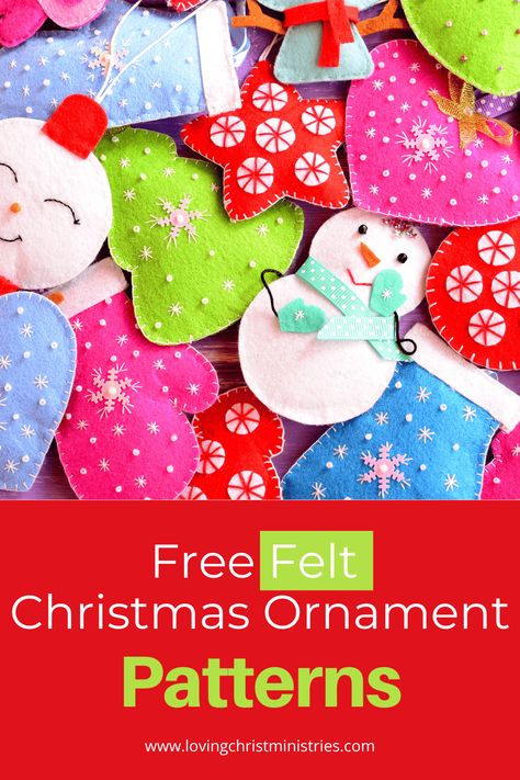 Explore 31 creative and easy-to-follow free felt Christmas ornament patterns perfect for a women's ministry group or any crafting community. #womensministry #feltornaments #christmascrafts Cute Easy Christmas Ornaments, Snowman Felt Patterns Free Printable, Fabric Christmas Ornaments Diy Scrap, Free Felt Patterns Printables Christmas, Material Christmas Ornaments, Felt Christmas Tree Ornaments Templates, Felt Owls Pattern Free, Felt Christmas Ornaments Free Patterns, Felt Christmas Sewing Patterns