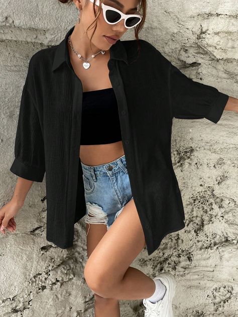 Black Casual Collar Three Quarter Length Sleeve Woven Fabric Plain Shirt Embellished Non-Stretch  Women Clothing Button Shirt Outfit, Sleeve Shirt Outfit, Black Shirt Outfits, Button Down Outfit, Shirt Outfit Summer, Black Button Up Shirt, Collar Details, Drop Shoulder Shirt, Black Button Down Shirt