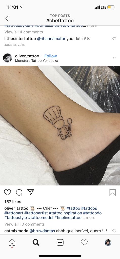 Chef tattoo Chefs Hat Tattoo, Chef Tatoos Culinary Tattoos Small, Food Sleeve Tattoo, Simple Chef Tattoo, Matching Chef Tattoos, Food Inspired Tattoos, Mini Food Tattoos, Chef Tattoo Ideas For Women, Cute Chef Tattoo