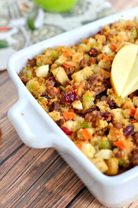 This classic apple and sausage stuffing recipe is a crowd-pleasing Thanksgiving side dish that's loaded up with vegetables, fruit, and savory sage sausage. Fruit Stuffing, Stuffing Ideas, Apple Recipes Thanksgiving, Sausage Stuffing Recipe, Thanksgiving Food Sides, Sausage Stuffing, Sage Sausage, Apple Sausage, Thanksgiving Stuffing