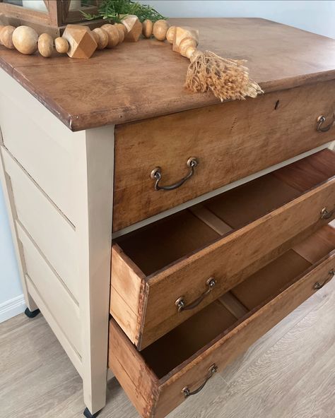 This lovely antique dresser has 3 larger drawers and a solid top 🪴 The top & drawers have been refinished in “Early American” which is a warm brown. The remainder of the piece has been painted in “Burlap” from @dixiebellepaint which is a medium-toned tan/beige & gives this piece a rustic appearance. Dimensions Length 34 inches Width 17.5 inches Height 34.5 inches Satin finish. New wheels, allows for easy movement of this piece as it is solid & quite heavy. **Please note there is on... Tan Painted Dresser, Filing Cabinet Makeover, Tan Paint, Cabinet Makeover, Painted Dresser, Large Drawers, Top Drawer, Warm Brown, Early American