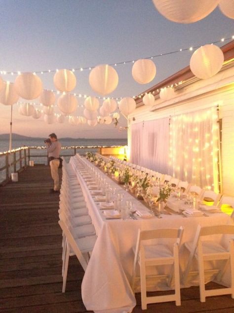 Our wedding at the beautiful Sugar Wharf Port Douglas Wedding, Ramadan Setup, Hamptons White Party, 40th Birthday Party Men, Waterside Wedding, White Party Decorations, Pool Wedding, Port Douglas, White Dinner