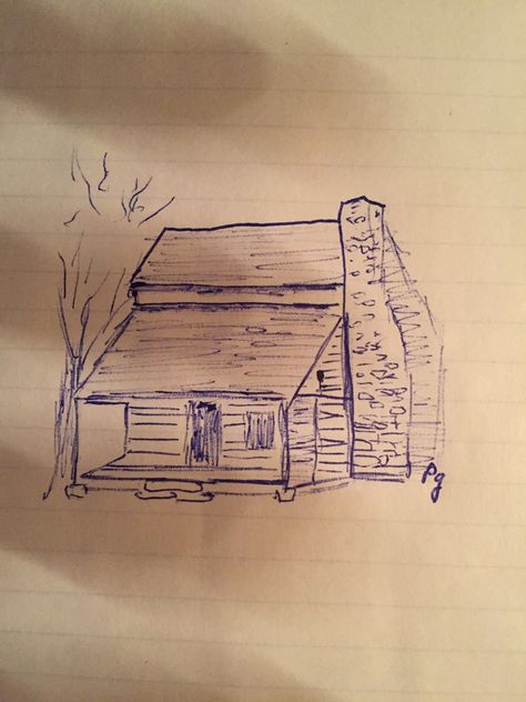 Simple Cabin Drawing, Log Cabin Sketch, How To Draw A Cabin, Cabin Drawing Simple, Cabin Doodle, Log Cabin Drawing, Cabin Reference, Cabin Sketch, Cabin Drawing