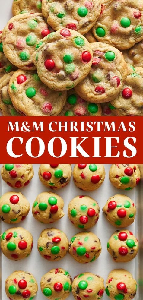 These festive red and green M&M Christmas Cookies are ultra thick, soft, chewy, and flavorful. These homemade, from-scratch cookies are ridiculously easy to make and are perfect for holiday gifting. Serve with a glass of milk or hot cocoa for Santa! #m&mcookies #christmascookies Red And Green M&m Cookies, Red And Green Cookies, Red And Green Christmas Cookies, M M Recipes, Holiday Baking Recipes, Christmas Baking Recipes, M M Cookies, Santa Cookies, Xmas Cookies