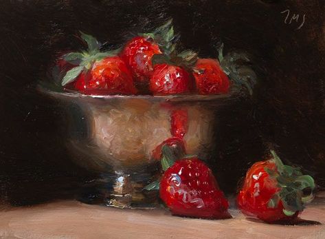 A bowl of strawberries Julian Merrow Smith Paintings, Bowl Of Fruit Painting, Double Complementary Colors, Mark Tennant, Growth Inspiration, Strawberry Art, Still Life Oil Painting, Fruit Painting, Daily Painting