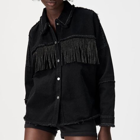 ZARA denim shiny fringe jacket rhinestone Long Green Jacket, Fringe Denim Jacket, Zara Denim Jacket, Green Denim Jacket, Ribbed Jacket, Studded Denim Jacket, Oversized Jean Jacket, Long Sleeve Denim Jacket, Oversized Jeans