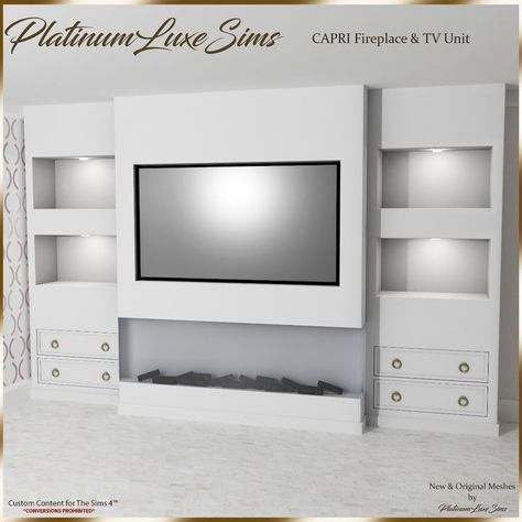 CAPRI Fireplace & TV Unit - The Sims 4 Build / Buy - CurseForge Sims 4 Fireplace Patreon, Sims Fireplace, The Sims 4 Tv Cc, Sims 4 Cc Furniture Living Room Tv, Sims 4 Television Cc, Furniture Sims 4 Cc Patreon, Sims 4 Tv Stand, Sims 4 Cc Tv Stand, Fireplace Tv Unit