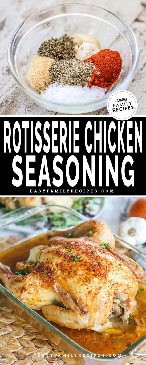 The BEST Rotisserie Chicken Seasoning! This homemade rotisserie seasoning mix uses just 6 ingredients to make the best most flavorful rotisserie chicken. Just mix it together , pat it all over a whole chicken, and cook in your preferred method. You can use this rotisserie chicken seasoning to make a rotisserie style chicken in the crockpot, oven, or even instant pot. It is the perfect homemade seasoning mix to use for lots of flavor like a sams rotisserie chicken or costco rotisserie chicken. How To Make Rotisserie Chicken In Crockpot, Rotisserie Chicken Dry Rub Recipes, Costco Rotisserie Chicken Seasoning, Rotisserie Chicken Spices, Seasoning For Rotisserie Chicken, Whole Chicken Rotisserie Recipes, Rotisserie Chicken Rub Recipes, Rotisserie Chicken Seasoning Rub, Rotisserie Chicken Injection Recipes