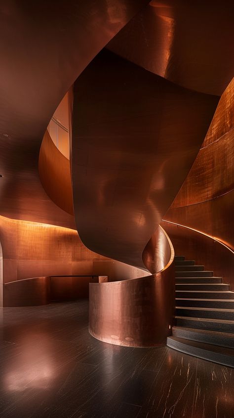 #CurvedStaircase #ContemporaryBuilding #DeepCopperTones #DramaticLighting #ModernArchitecture #SmoothTexture #9:16AspectRatio #TheCandie Copper Colour Palette, Inspirational Digital Art, Photography Movies, Contemporary Building, Curved Staircase, Dramatic Lighting, Photography Games, Rich Color Palette, Copper Color