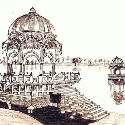 Gadisar Lake  Rajasthan  India Rajasthan Sketch, Gadisar Lake, Indian Sketches, Spatula Painting, Rajasthan Art, Small Sketches, Architectural Sketching, Door Pattern, Student Board