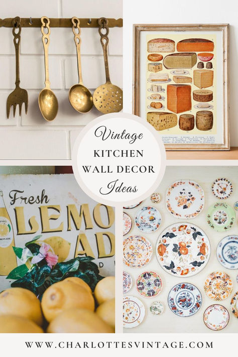 Kitchens and vintage decor go together like bread and butter. A vintage kitchen is perfect for you if you enjoy quirky and traditional design. There are many various vintage eras to pick from, whether you like a mid-century, retro aesthetic, or a rustic farmhouse vibe.  

The kitchen is the center of your home, so give it great consideration when adding unique wall decor. 

vintage kitchen decor, vintage kitchen wall art, vintage lemonade sign, plate wall, antique utensils, vintage cheese poster Vintage Kitchen Decor Ideas, Antique Utensils, Vintage Kitchen Decor Retro, Cheese Poster, Vintage Lemonade, Cottage Core Kitchen, Lemonade Sign, Baking Utensils, Plate Wall