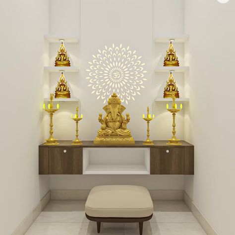 Wall-Mounted Wood And White Mandir Design With Wall-Mounted Shelves And Om Mandala | Livspace Wall Mounted Puja Unit, White Mandir Design, Wall Mounted Pooja Unit, Wall Mounted Mandir Design, Pooja Design, Mandir Designs, Wallpaper House Design, Om Mandala, Guest Bedroom Design