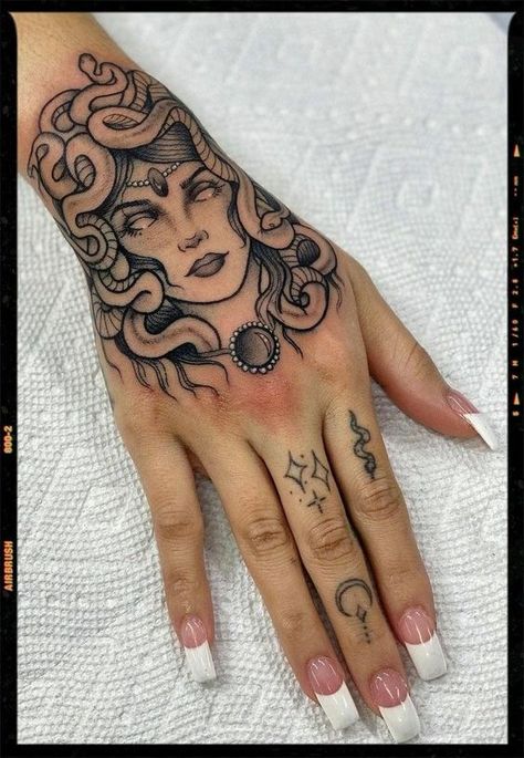 Hand Tattoo Cover Up, Forearm Cover Up Tattoos, Best Neck Tattoos, Medusa Tattoo Design, Knuckle Tattoos, Hand And Finger Tattoos, Cute Hand Tattoos, New Tattoo Designs, Pretty Hand Tattoos