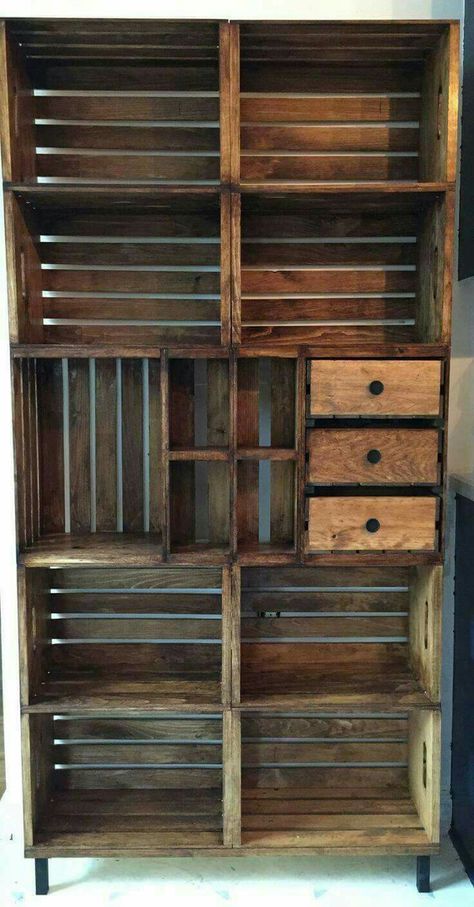 Open Pantry, Cabinet Diy, Crate Bookshelf, Diy Clothes Rack, Crate Diy, Craft Cabinet, Crate Shelves, Pantry Shelving, Rustic Modern Kitchen