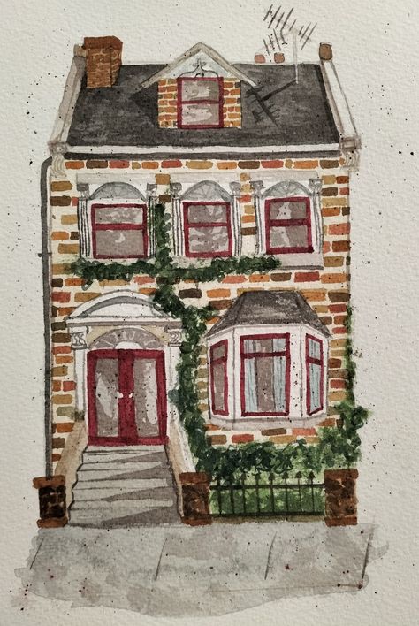 Painted Brick, Brick House, House Painting, Watercolor Art, Home Art, Watercolor Paintings, Illustration Art, House Styles, Drawings