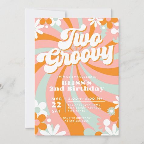 Groovy 2nd Birthday, 10th Birthday Invitation, Two Groovy, 5th Birthday Party Ideas, Happy Birthday Celebration, 2nd Birthday Invitations, Retro Birthday, Girl 2nd Birthday, Groovy Retro