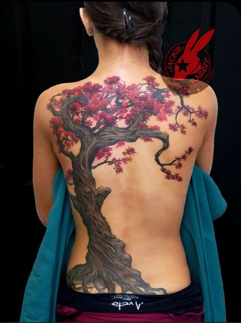 Cherry Tree Tattoos, Tatuaje Trash Polka, Beautiful Back Tattoos, Cherry Blossom Tree Tattoo, Tree Tattoo Back, Realistic Flower Tattoo, Blossom Tree Tattoo, Flower Fall, Back Piece Tattoo