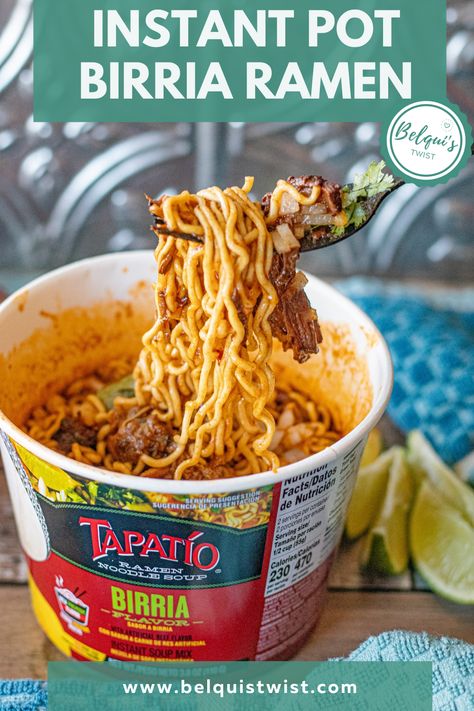 Dive into the savory world of this Instant Pot Beef Birria Ramen! A symphony of tender beef, rich spices, & noodles, ready in minutes. Your ultimate comfort food awaits – quick, tasty, & soul-soothing. Birria Maruchan, Mexican Ramen, Instant Pot Birria, Birria Ramen, Beef Birria, Del Taco, Ramen Soup, Potted Beef, Tender Beef