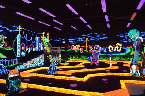 A closer look into glow in the dark monster mini golf in Jessup, Maryland. Glow In The Dark Aesthetic, Glow In The Dark Mini Golf Aesthetic, Glow In The Dark Gravel, Monster Mini Golf, Glow In The Dark Beach, Blacklight Mini Golf, Golf Cart, Indoor Mini Golf, Golf Card Game