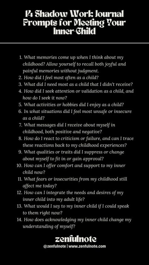 Meeting and nurturing your inner child through shadow work involves recognizing and healing the parts of yourself that may have been neglected, hurt, or misunderstood in childhood. This process can help resolve past traumas, build self-compassion, and foster a sense of inner peace. Engaging with your inner child through these questions can be a deeply emotional and transformative process. Approach this work with patience, kindness, and an open heart, allowing space for healing and growth. Shadow Work Journal Prompts, Work Journal Prompts, Shadow Work Journal, Journal Inspiration Writing, Journal Questions, Healing Journaling, Daily Journal Prompts, Work Journal, Mental Health Facts