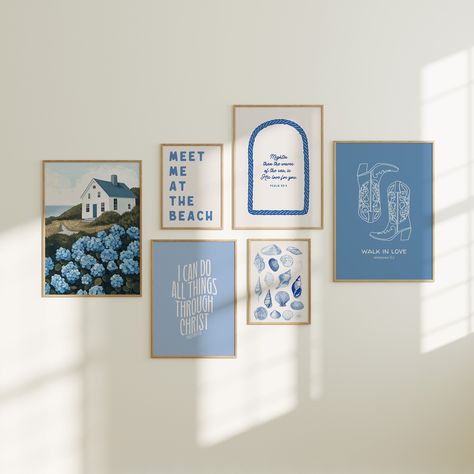 Bring a fresh, coastal vibe to your space with our Christian Girl Gallery Set of 6, perfectly blending beach room decor with spiritual inspiration. Each poster, adorned in shades of blue and pink, features uplifting Bible verses, making this preppy and trendy collection a wonderful Christian gift. Ideal for adding a touch of seaside serenity and youthful charm to any room. Be sure to check out our shop olkeningpress.etsy.com to discover more amazing art that you will love!  This Product Is An Im East Coast Wall Art, Trendy Wall Prints, Bedroom Wall Art Ideas, Christian Room Decor, Beach Room Decor, Coastal Room, Pink Preppy, Beach Room, Dorm Posters