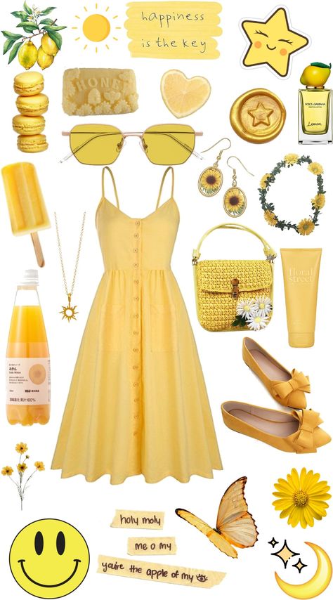 Yellow Accessories Outfit, Lemon Inspired Outfits, Honey Core Aesthetic Outfits, Honeycore Aesthetic Outfits, Yellow Aesthetic Outfit, Sunny Clothes, Yellow Outfit Aesthetic, Monochrome Rainbow, Yellow Core