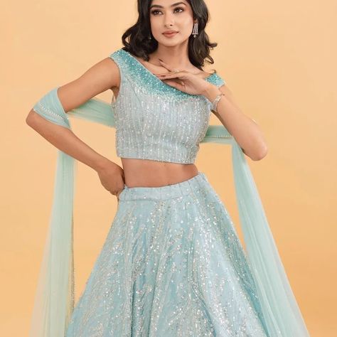 "Dive into a Sea of Blue Elegance! 💙 Our breathtaking blue lehenga collection is here to make waves in your wardrobe! Whether it's a dreamy destination wedding or a glamorous gala, these mesmerizing hues will steal the show. From serene sky blues to deep navy tones, find your perfect shade of elegance. Embrace the allure of blue and let your style shimmer like the ocean waves . . . Outfit By: @bhasin.brothers.lucknow Shop Now: www.mohifashion.com . . . . . . . #lehnga #indianwedding #haldice... Haldi Dress, Orange Lehenga, Celebrity Inspired Outfits, Bridesmaid Lehenga, Haldi Outfit, Reception Look, Blue Lehenga, Lehenga Collection, Make Waves