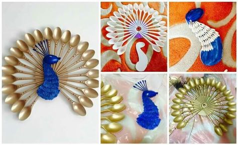 Peacock Wall Hanging, Cd Card, Plastic Spoon Crafts, Spoon Craft, Simple Craft Ideas, Spoon Art, Easy Craft Ideas, Pillow Crafts, Emoji Images