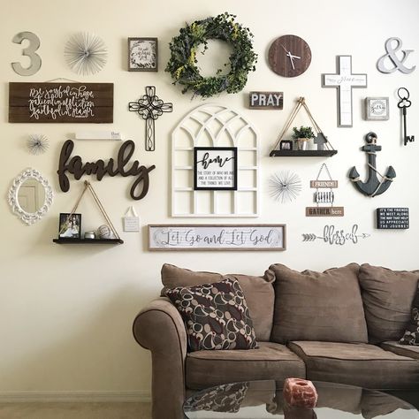 Cross Gallery Wall, Cross Wall Decor Living Rooms, Cross Wall Collage, Staircase Wall Decor, Canvas Photo Wall, Wreath Center, Big Wall Decor, Wooden Family, Entryway Wall Decor