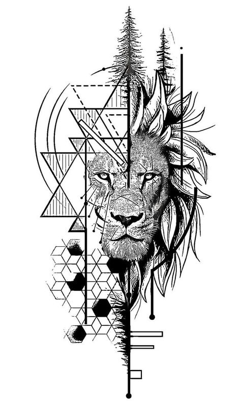 Lion Geometric Design, Geometric Lion Tattoo, Tiger Tattoo Sleeve, Atlas Tattoo, Tattoo Quotes For Men, Surreal Tattoo, Geometric Lion, Family Tattoo Designs, Lion Head Tattoos