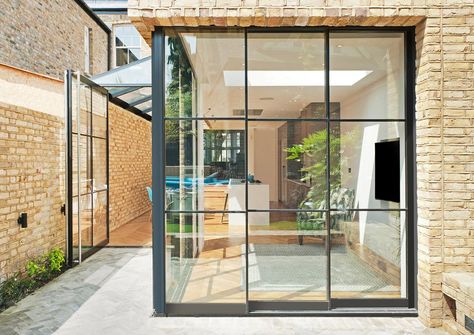 Opening Corners - Maxlight : Maxlight Crittal Doors Extension, Glass Room Extension, Victorian Extension, Crittal Doors, Contemporary Townhouse, Side Return Extension, Victorian Terraced House, House Extension Plans, Victorian Terrace House