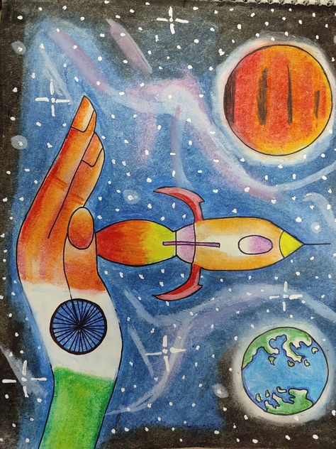 This drawing shows the beginning of the journey Indians have started to achieve something big and make our country touch new heights. For me, it was a feeling to draw something extraordinary. India In Space Drawing, Science Rangoli Designs, Science And Technology Poster Making, Imagination Drawing, Art Competition Ideas, Avengers Coloring Pages, Space Drawing, Avengers Coloring, Book Art Projects