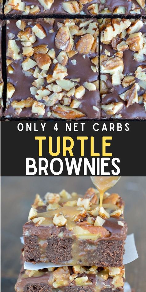 These delicious Turtle Brownies are perfectly fudgy and decadent. Gluten free brownies are covered with caramel, chocolate ganache, and roasted pecans for an amazing homemade dessert! Easy Turtle Brownies, Keto Chocolate Turtle Cake, Homemade Turtle Brownies, Caramel Turtle Brownies, Turtle Brownies Recipe Caramel Pecan, Caramel Chocolate Ganache, Fudge Protein Brownies, Thm Cookies, Keto Dairy