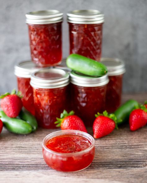 Strawberry Jalapeño Jam - Bacon & Vodka Jalapeno Jam Canning, Jam Vs Jelly, Strawberry Jalapeno Jam, Bacon Vodka, Jam Canning, Strawberry Huller, Jalapeno Jam, Apple Jelly, A Charcuterie Board