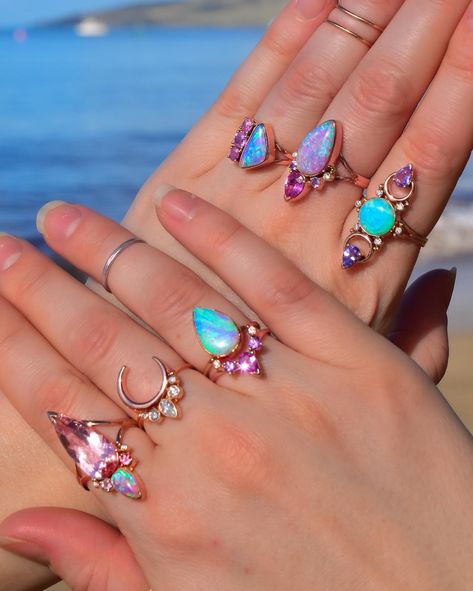 This collection is really coming together and I love hearing what pieces speak to your soul! Here are two new pieces: 2nd slide) A sunshiney rainbow colored Australian opal Spacey Moonflower Ring in yellow gold with diamond accents! 3 and 4) A new two piece Moonflower set with a multicolored opal as the center stone! Adorned with lilac spinel and diamonds in rose gold! 5) Super glow-y spacey Phases of the Moon Ring featuring tanzanite and diamonds in rose gold! 6) A big juicy colorful... Rainbow Opal Ring, Magical Fashion, Alchemy Jewelry, Galaxy Wedding, Opal Jewellery, Big Juicy, Super Glow, Colourful Wedding, Phases Of The Moon