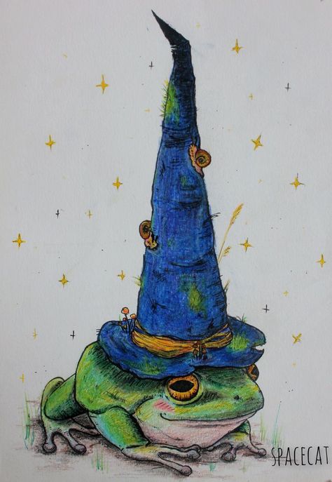 A wizard frog, or maybe just a silly frog with a big hat. Either way, I bet they store all the magic in the hat (A5, coloured pencils, 2021) Frog With Wizard Hat, Frog Wizard, Silly Frog, Wizard Frog, Wizard Hat, Big Hat, Coloured Pencils, Wizard, The Magic