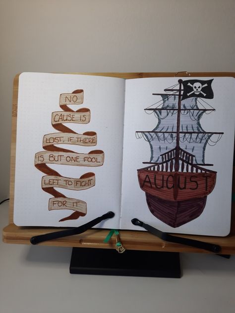 Bujo August Cover, Pirates Journal, Pirate Doodles, 2023 Journaling, Pirate Journal, August Cover Page, August Bujo, Bujo 2025, Creative Notes