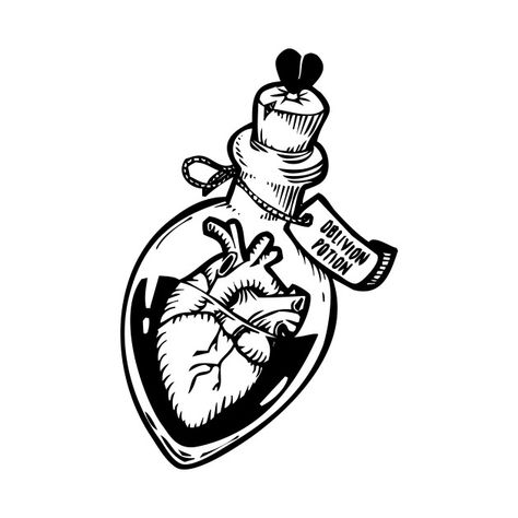 Potion Tattoo Traditional, Bottled Emotions Tattoo, Heart In A Bottle Tattoo, Heart Potion Bottle Tattoo, Potion Tattoo Bottle, Massive Tattoos, Potion Bottle Tattoo, Dnd Tattoo, Potion Tattoo