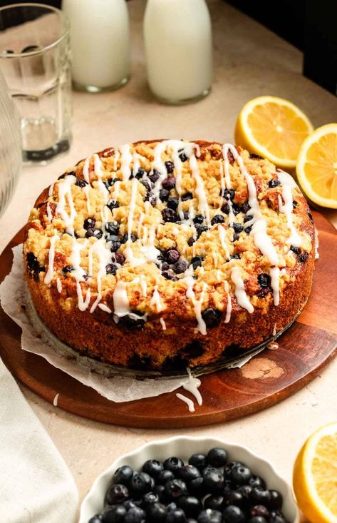 Blueberry lemon coffee cake with a simple glaze on top. Cream Cheese Coffee Cake Recipe, Blueberry Cream Cheese Coffee Cake, Lemon Coffee Cake, Lemon Sour Cream Cake, Cheese Coffee Cake, Lemon Coffee, Blueberry Crumb Cake, Banana Coffee Cakes, Cream Cheese Coffee Cake