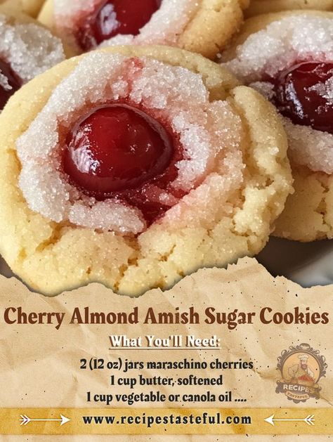 FAMILY RECIPES COMMUNITY | Cherry Almond Amish Sugar Cookies | Facebook Cherry Amish Sugar Cookies, Cherry Almond Amish Cookies, Cherry Almond Sugar Cookies, Amish Christmas Recipes, Cherry Almond Amish Sugar Cookies, Almond Cherry Cookies, Cherry Almond Cookies, Cookie Recipes Gooey, Amish Cookies