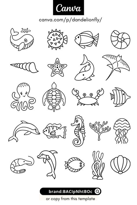 Set of sea or ocean animals icons. Canva elem Sea Turtle Vector Art, Sea Elements Illustration, Ocean Elements Illustration, Ocean Animals Doodles, Marine Animal Doodles, Ocean Animal Doodles, Sea Animal Doodles, Underwater Doodles, Ocean Symbols