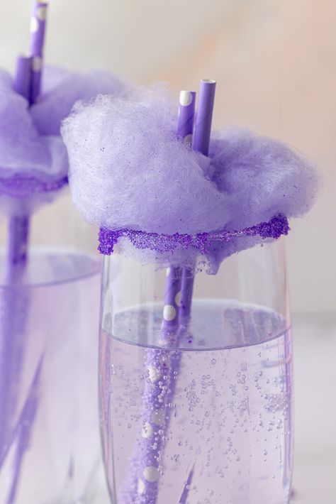 Purple Champagne Drinks, Purple Party Food, Purple Drinks Non Alcoholic, Purple Snacks, Cotton Candy Mixed Drink, Purple Party Foods, Purple Glitter Drink, Cotton Candy Glitter Drink, Purple Cotton Candy Aesthetic