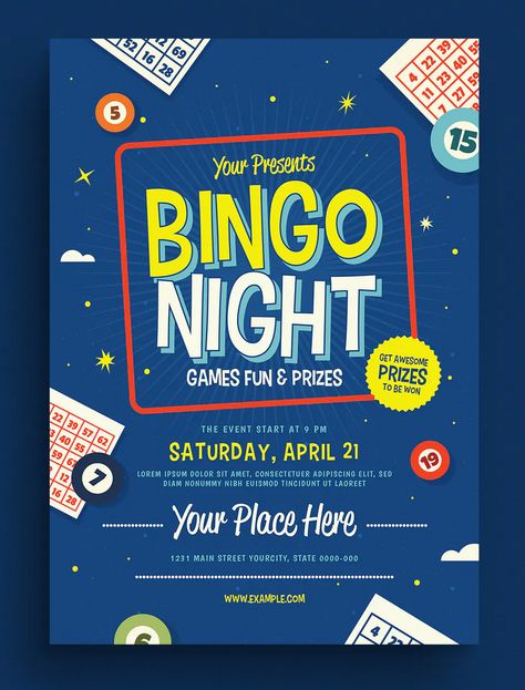 Bingo Night Event Flyer Template AI, PSD - CMYK, 300 DPI Days Of The Week Activities, Event Poster Design Inspiration, Free Bingo Cards, Event Poster Template, Bingo Night, Digital Advertising Design, Bingo Template, Fundraiser Flyer, Event Poster Design