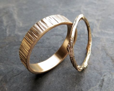 Nature Inspired Wedding Ring, Twig Wedding Band, Bark Ring, Commitment Rings, Nature Inspired Rings, Gold Ring Sets, Wedding Band Sets, Tree Bark, Gold Wedding Band