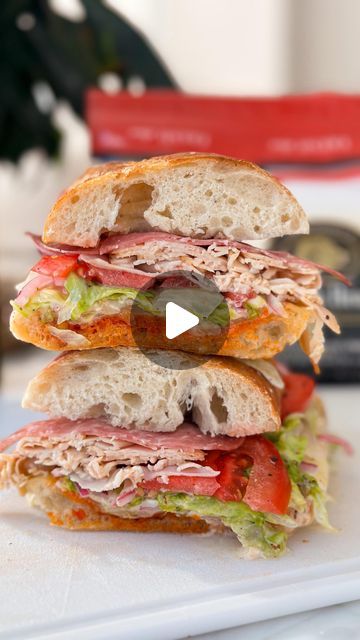 101K views · 5.9K likes | Jamie Milne on Instagram: "VIRAL GRINDER SANDWICH! Follow @everything_delish for more easy recipes! 

Looking for an easy dinner to make tonight? Try the viral Grinder Sandwich with my spin on it! I like to add a spicy red pepper spread, 3 different types of meats and 2 cheeses from @boarshead_official ! Trust me, you’re going to want to try this sandwich! Find the recipe below, enjoy xx 

Grinder Sandwich 
Serves 1

Ingredients 
1 ciabatta bun 
3 slices Genoa Salami 
3 slices Ovengold® Turkey
3 slices EverRoast® Chicken
3 slices provolone cheese
3 slices american cheddar 
1 cup iceberg lettuce, chopped 
2 tbsp pickled jalapenos, chopped 
1/4 red onion, thinly sliced 
1/2 tomato, thinly sliced 
1 tsp spicy red pepper spread 
salt & pepper 
Dressing 
1/3 cup lite m Viral Grinder Sandwich, Easy Dinner To Make, Pepper Dressing, Grinder Sandwich, Pickled Jalapenos, Genoa Salami, Easy To Make Dinners, Pickling Jalapenos, Iceberg Lettuce