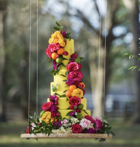 Bright Wedding Cakes, Yellow Wedding Cake, Colorful Wedding Cakes, Fondant Cake Designs, Fruit Wedding, Fantasy Cake, Evening Fashion, Floral Wedding Cakes, Summer Cakes