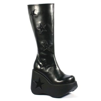 Demonia DYNAMITE-600 Black Star Platform Boots - Demonia Shoes Demonia Dynamite, Gothic Platform Boots, Demonia Platform Boots, Dark Shoes, Real Leather Skirt, Demonia Boots, Black Wedge Boots, New Rock Boots, Mary Jane Platform Shoes