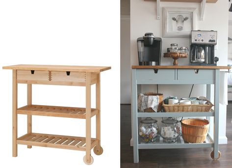 Get IKEA kitchen hacks to make a kitchen island, pantry, shelving, and more on Bon Appétit. Kitchen Hack Decor, Diy Kitchen Hacks, Coffee Bar Cart, Ikea 2015, Classy Kitchen, Hacks Ikea, Diy Regal, Easy Ikea Hack, Ikea Hack Ideas