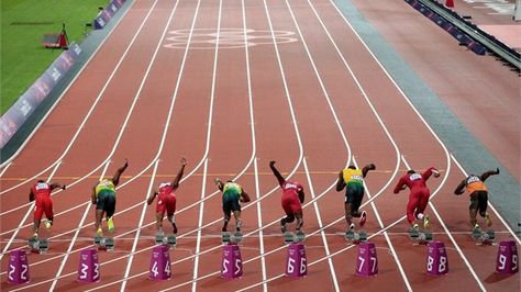 Runners leave the starters blocks in the men's 100m final 2016 Olympic Games, Swim Coach, Track And Field Athlete, Usain Bolt, Olympic Athletes, Tokyo Olympics, Summer Olympics, 100m, Track And Field